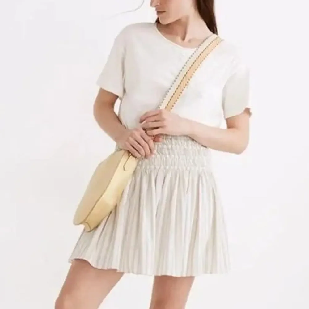 Madewell Smocked Linen Pull-On Mini Flared Flowing Skirt in Cool Fog Stripe